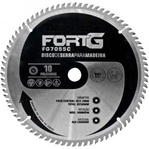 Disco de Serra para Madeira 80T 10 Pol. X 22.23mm Aço Carbono 250mm FG7055C